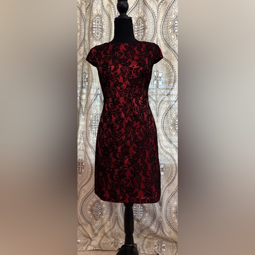 ALYX Petite Red Black Lace Overlay Sheath Dress Size 4P - Picture 2 of 7